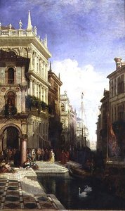 En Capriccio udsigt over Venedig med en prinsesse, der bliver vist til en gondol på bagsiden af Scuola di San Marco af William Wyld