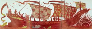Tre fliser, der forestiller et skib, der sejler ved solnedgang (keramik) af William de Morgan