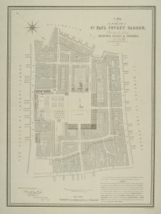 Kort over sognet St. Paul, Covent Garden, der viser stedet for Bedford House og grunde, udgivet af W.P. Metchim, 1686 af Willian Leybourn
