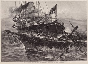 En amerikansk krigsmand ødelægger vrag i Atlanterhavet (litografi)