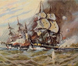 Tyske strandbatterier nær Eckernförde, 5. april 1849 (forstærket farvelitografi)