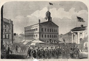 Et nyt regiment af frivillige fra Massachusetts passerer Faneuil Hall, Boston, på vej i krig af Winslow Homer