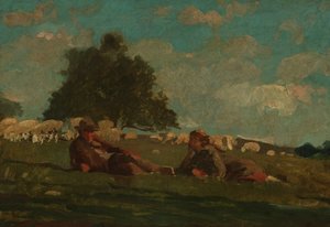 Dreng og pige på en mark med får af Winslow Homer