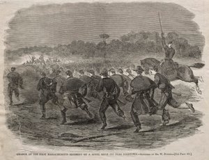 Anklager for det første Massachusetts regiment på en oprørsriffelgrav nær Yorktown, 1862. af Winslow Homer