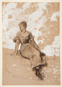 Tegning, En siddende pige; studie til "The Garden Wall", 1878 af Winslow Homer