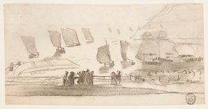 Tegning, Strandscene med mennesker og fiskerbåde, Cullercoats, England, 1881-82 af Winslow Homer