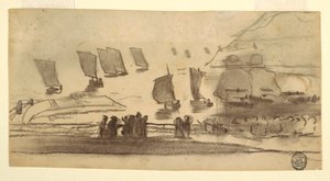 Tegning, Strandscene med mennesker og fiskerbåde, Cullercoats, England, 1881-82 af Winslow Homer