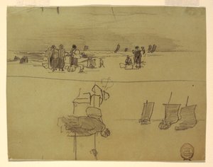 Tegning, Strandscene med kvinder, der bærer kurve, Cullercoats, England, 1881-82 af Winslow Homer