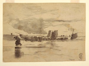 Tegning, Strand ved lavvande, Cullercoats, England, 1881 af Winslow Homer