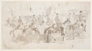 Tegning, general McClellans sjette kavaleriregiment går om bord i Alexandria til Old Point Comfort, 2. april 1862 af Winslow Homer