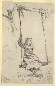 Tegning, pige på gynge, 1879 af Winslow Homer