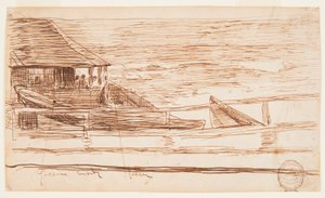 Tegning, Hus ved et rækværk med strandede doryer, Cullercoats, England, 1881 af Winslow Homer