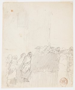 Tegning, Mænd og kvinder kigger ud over havet, Cullercoats, England, 1881 af Winslow Homer