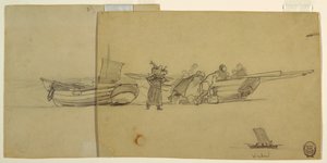 Tegning, mænd og kvinder, der losser en fiskejolle, Cullercoats, England, 1881-82 af Winslow Homer