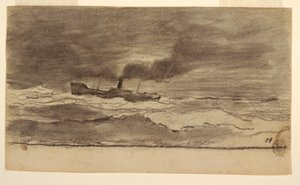 Tegning, havlandskab med fisketrawler, Cullercoats, England, 1881-82 af Winslow Homer