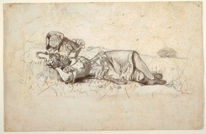 Tegning, hvilende hyrdinde, 1877 af Winslow Homer