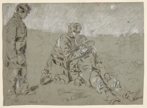 Tegning, soldat giver vand til en såret kammerat, 1864 af Winslow Homer