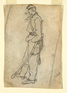 Tegning, Soldat med sværd og pibe, 1862 af Winslow Homer