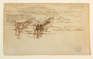 Tegning, to doryer søsættes, England, 1881 af Winslow Homer