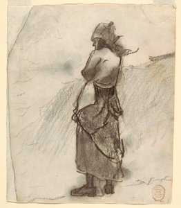 Tegning, Kvinde kigger ud over havet, Cullercoats, England, 1881-82 af Winslow Homer