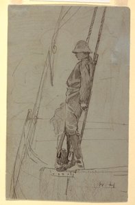 Tegning, Ung mand læner sig op ad sejlbådens rigning, sandsynligvis 1861-62 af Winslow Homer