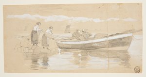 Fisker og kvinder stuvernet i en strandet Dory, Cullercoats, England af Winslow Homer