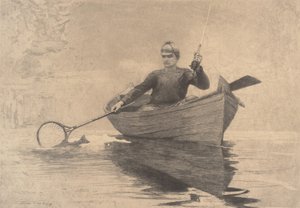 Fluefiskeri, Saranac Lake, 1889. af Winslow Homer