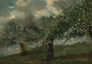 Pige plukker æbleblomster, 1879. af Winslow Homer