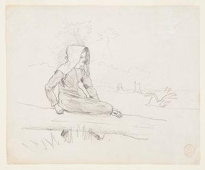 Pige sidder på en træstamme af Winslow Homer