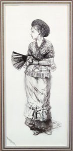 Pige med vifte (kul på papir) af Winslow Homer