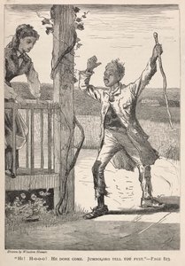"Hej! H-O-O-O!  Han er kommet.  Jumboloro fortæller dig det først." af Winslow Homer