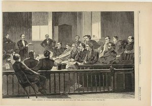 Jurymedlemmer lytter til advokater, højesteret, New City Hall, New York af Winslow Homer