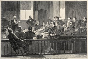 Nævninge lytter til advokat, Højesteret, New City Hall, New York, 1869. af Winslow Homer