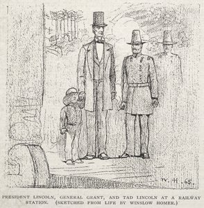 Præsident Lincoln, general Grant og Tad Lincoln på en togstation af Winslow Homer