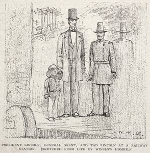 Præsident Lincoln, General Grant og Tad Lincoln på en jernbanestation, 1887. af Winslow Homer
