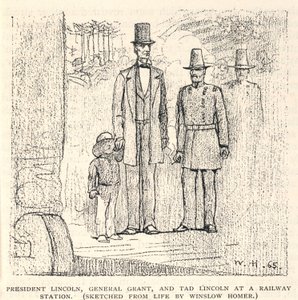 Præsident Lincoln, general Grant og Tad Lincoln på en jernbanestation, fra The Century Magazine, november 1887 af Winslow Homer