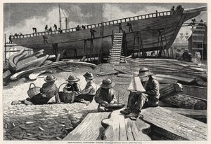 Skibsbyggeri, Gloucester Harbor, 1873. af Winslow Homer