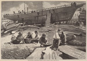 Ship-Building, Gloucester Harbor, udgivet 1873. af Winslow Homer