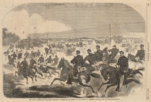 Unionens kavaleri og artilleri indleder forfølgelsen af rebellerne ad Yorktown Turnpike, fra Harper