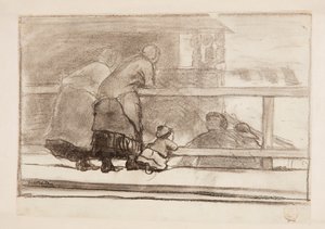 To kvinder og et barn ved en jernbane med udsigt over stranden ved Tynemouth af Winslow Homer
