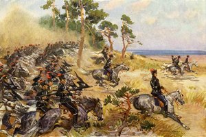 Tyske 1. husarer på øvelser (farve litho)
