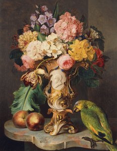 Et stilleben med en vase med forskellige blomster, ferskner og en papegøje på en marmorkant, 1843