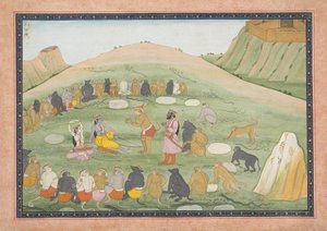Hanuman genopliver Rama og Lakshmana med lægeurter: Illustreret folio..., ca. 1790. af Workshop active in the First generation