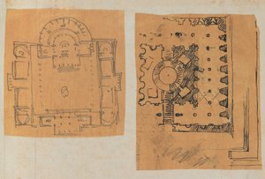 Side fra en scrapbog indeholdende tegninger og adskillige print af arkitektur, Int..., ca. 1800-1850. Skabere: Workshop af Charles Percier, Workshop af Pierre François Léonard Fontaine. af Workshop of Charles Percier, Workshop of Pierre