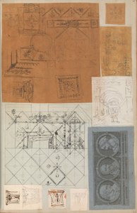 Side fra en scrapbog indeholdende tegninger og adskillige print af arkitektur, Int..., ca. 1800-1850. Skabere: Workshop af Charles Percier, Workshop af Pierre François Léonard Fontaine. af Workshop of Charles Percier, Workshop of Pierre