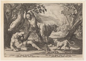 Landskab med Mercury, der hæver sit sværd for at dræbe en sovende Argus af Workshop of Hendrick Goltzius, after Hendrick Goltzius