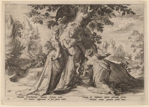 Cecrops døtre åbner kisten, som Minerva har betroet dem af Workshop of Hendrick Goltzius, after Hendrick Goltzius