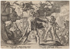 Kæmperne klatrer op i himlen af Workshop of Hendrick Goltzius, after Hendrick Goltzius