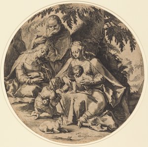 Den hellige familie med Saint Elizabeth og Saint John the Baptist af Workshop of Jacob Matham, after Hendrik Goltzius