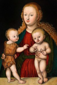 Tysk: Madonna og barn med Johannes Døberen Jomfru og barn med Johannes